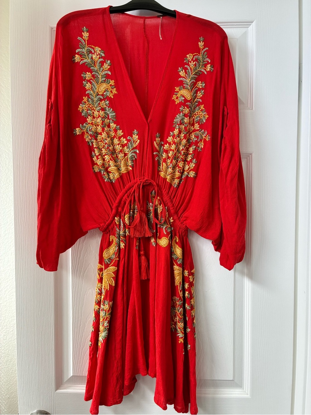 Free People Red Embroidered V-Neck Mini Dress